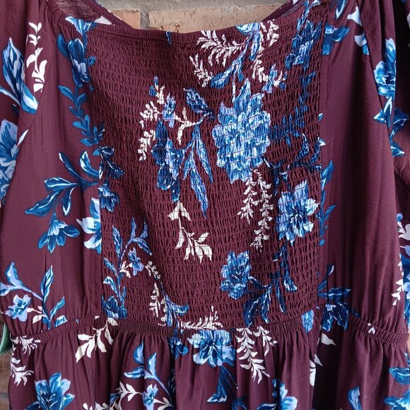 Terra & Sky Women's Plus Flutter Sleeve Midi Tiered Dress Maroon Floral Size 3X - Picture 12 of 15